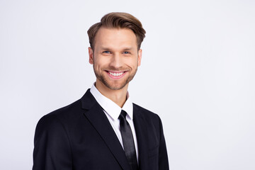 Photo portrait of smiling happy businessman in blazer shirt successful manager isolated on white color background