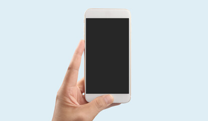 Hand holding smartphone device touching screen