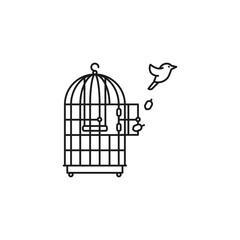 Canary bird escaping from birdcage vector line icon, Freedom outline symbol.