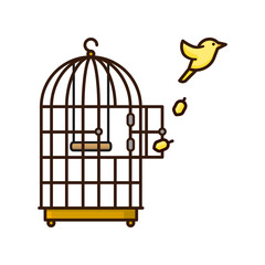 Canary bird escaping from birdcage isolated vector illustration for Freedom Day on November 9. Liberation concept outline symbol.
