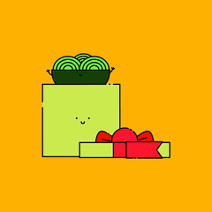 Cute noodle pop up from gift box Illustration. modern simple food vector icon, flat graphic symbol in trendy flat design style. wallpaper. lockscreen. pattern. frame, background, backdrop, sign, logo.