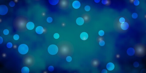 Dark BLUE vector background with circles, stars.