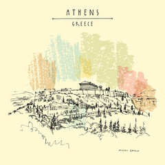 Vector Parthenon temple and the Acropolis hill in Athens, Greece. Hand drawing in retro style. Travel sketch. Vintage touristic postcard, poster, calendar or book illustration
