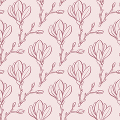 Magnolia seamless pattern. Outline magnolia flowers. Vector illustration.