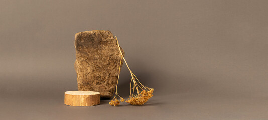 Abstract podium made of natural natural materials wood stone brown background