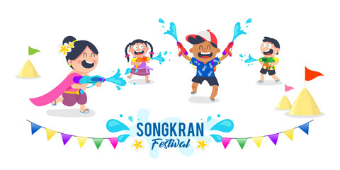 Songkran festival vector illustration. Thailand Holiday, Kids enjoy playing water gun isolated on white background