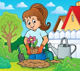 Deurstickers Voor kinderen Meisje tuinman thema afbeelding 1