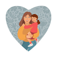 Happy Mothers Day Greeting Card. I love you mom. Young women and little daughter. Caucasian people. Vector Illustration. Heart Shape and Doodle flowers