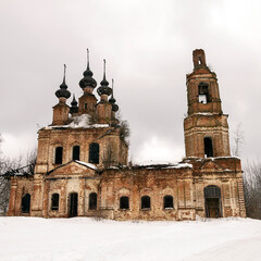 destroyed Orthodox church in winter