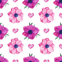 Fototapeta na wymiar Seamless floral pattern with anemones and hearts. Watercolor illustration. Valentines day pattern.