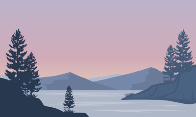 Amazing view of the mountains in the morning from the riverbank. Vector illustration