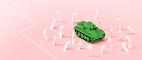 Abstract Concepts Hands with protests Revolution of Tanks Power and injustice Design Art on Red. Copy space, website, poster, Card -3d Rendering