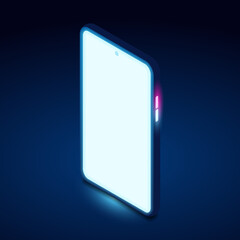 standing smart phone isometric with glowing neon colors, vector illustration