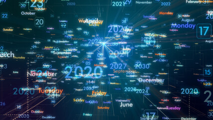 futuristic calendar with years, months and weekdays, the time passing, or concept of time travel (3d render) - obrazy, fototapety, plakaty