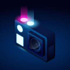 action camera isometric view with glowing neon colors, front view vector illustration