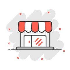 Grocery store icon in comic style. Shop building vector cartoon illustration on white isolated background. Market boutique business concept splash effect.
