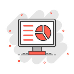 Analytic monitor icon in comic style. Diagram vector cartoon illustration on white isolated background. Statistic business concept splash effect.