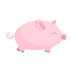 Vector simple isolated illustration on white background. Cartoon picture of a cute baby pink pig or piglet. Design element