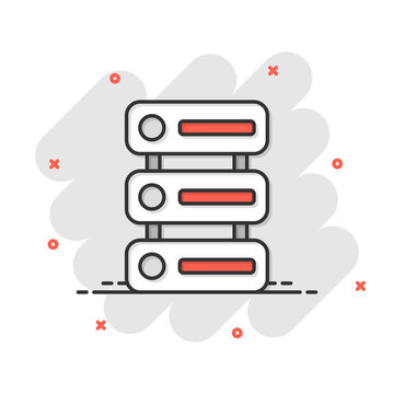 Data center icon in comic style. Server vector cartoon illustration on white isolated background. Security business concept splash effect.