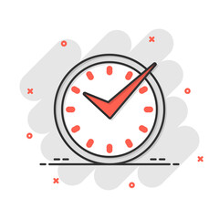Real time icon in comic style. Clock vector cartoon illustration on white isolated background. Watch business concept splash effect.