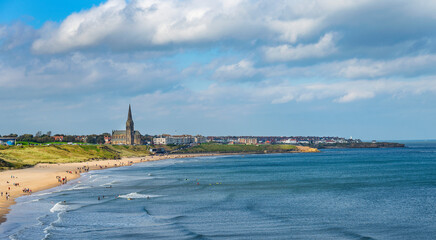 View North of long Sands Beach including St, Georges Church Tynemouth, Tyne & Wear,  Northumberland, England, UK - obrazy, fototapety, plakaty