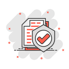 Insurance policy icon in comic style. Report vector cartoon illustration on white isolated background. Document business concept splash effect.