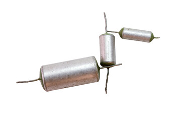 metal-paper capacitors with green ends. set of different rate vintage electronic parts of circuit...