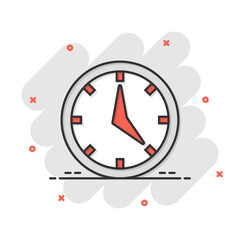Real time icon in comic style. Clock vector cartoon illustration on white isolated background. Watch business concept splash effect.