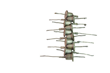 row of medium power rectifier diodes. Vintage electronic components, isolated on white background
