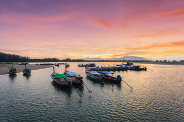 Beautiful landscape and longtail boat at Bang Ben Beach in sunrise time
