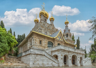 Fototapeta na wymiar Church of Mary Magdalene, a Russian Orthodox church located on the Mount of Olives in Jerusalem. Low point shooting