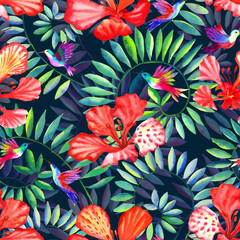 Hibiscus flowers, tropical leaves and birds. Dark tropical watercolor seamless pattern