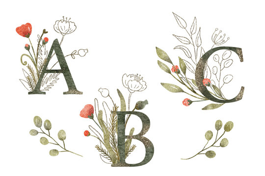 Watercolor floral arrangements with letters A, B and C. Hand painted illustration of branches with leaves and poppy flowers. Red, green and gold colors. Beautiful monograms.