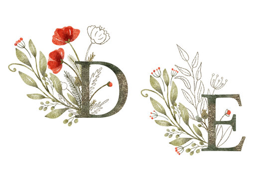 Watercolor floral arrangements with letters D and E. Hand painted illustration of branches with leaves and poppy flowers. Red, green and gold colors. Beautiful monograms.