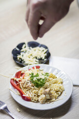 Macaroni and cheese, on the kitchen table