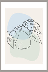 Pears on a branch with leaves. Template with abstract composition, linear fruit art. Minimalism, Pastel earthy colors. Vector banners for postcards, wall art and social media covers