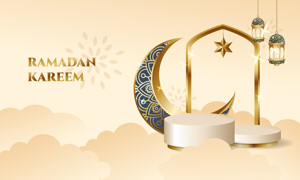 Ramadan Podium Stage For Display Product With Crescent Moon And Lantern Decoration. Islamic Theme Vector Background.