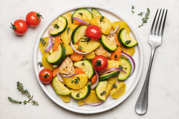 Baked vegetables and meat in plate on white background. Cooked dish of Potatoes, zucchini, carrots, onions, tomato and chicken