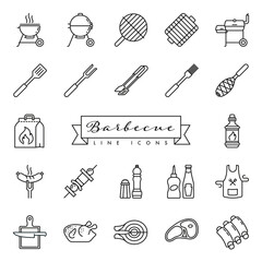 Barbecue vector line icons collection. Set of 22 BBQ equipment and food outline symbols