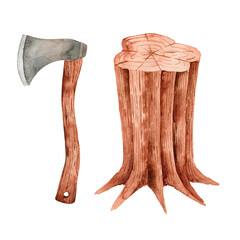 Hand drawn watercolor tree stump and ax isolated on white background. Adaptation in nature. Camping. Outdoor recreation.