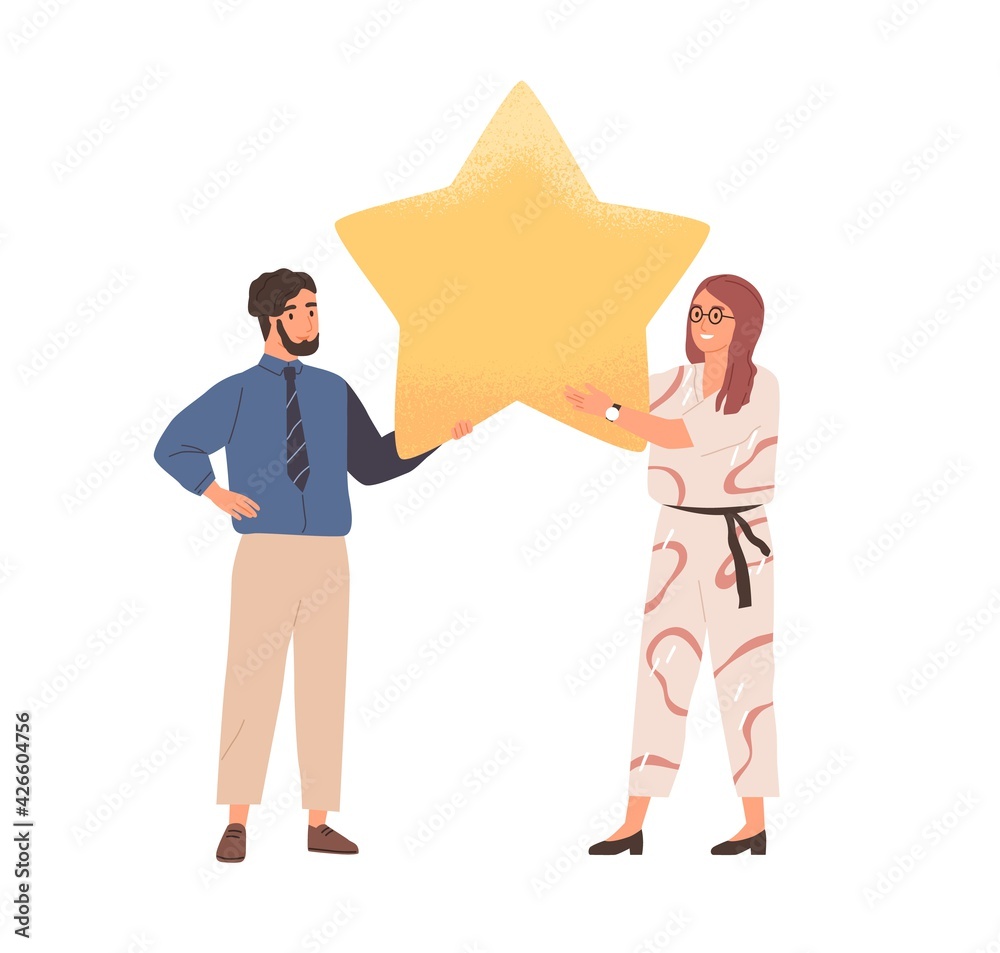 Poster couple of customers giving feedback and review of products and services. clients rating app or websi