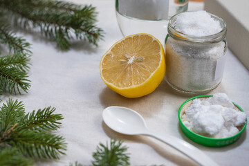 Baking soda in a jar, lemon. Zero waste concept. No plastic