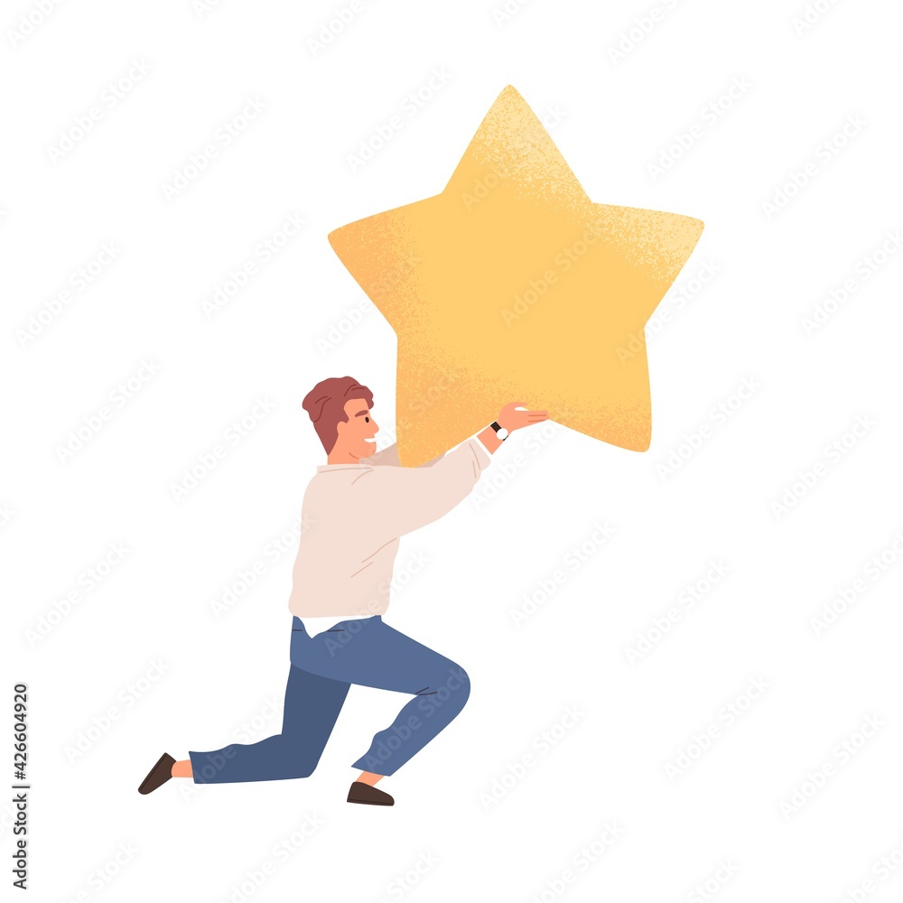 Poster happy customer giving golden star for good products and service. concept of positive feedback and re