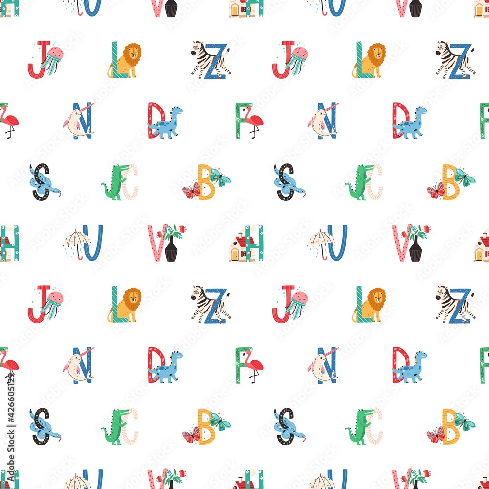 Aufkleber Seamless childish pattern with capital letters of English alphabet on white background. Endless repeatable texture of ABC with cute animals. Colored flat vector illustration with font for printing