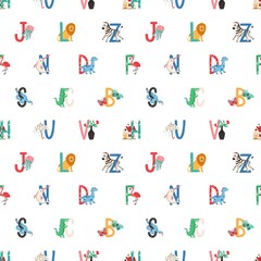 Seamless childish pattern with capital letters of English alphabet on white background. Endless repeatable texture of ABC with cute animals. Colored flat vector illustration with font for printing