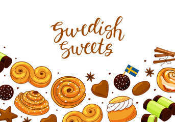 Background with Swedish sweets and calligraphy. Vector illustration