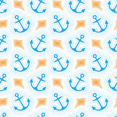 Sea seamless pattern with blue anchors, waves and  yellow islands. Perfect for scrapbook, simple backgrounds, textures, packaging. Vector