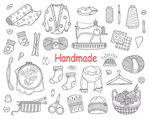 Doodle Set with Knitting and Sewing Tools for Handmade, Needlework,creativity in Sketch style. Hand Drawn Outline Accessories for Dressmaking and Tailoring.Vector Illustration.