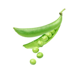 Fresh Green pea seeds falling from pods  isolated on white background. Clipping path