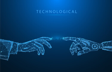 Robot or cyborg arm and hand human. Touch Technological concept. Low poly blue. Polygonal abstract health illustration. Low poly vector illustration of a starry sky or Cosmos.